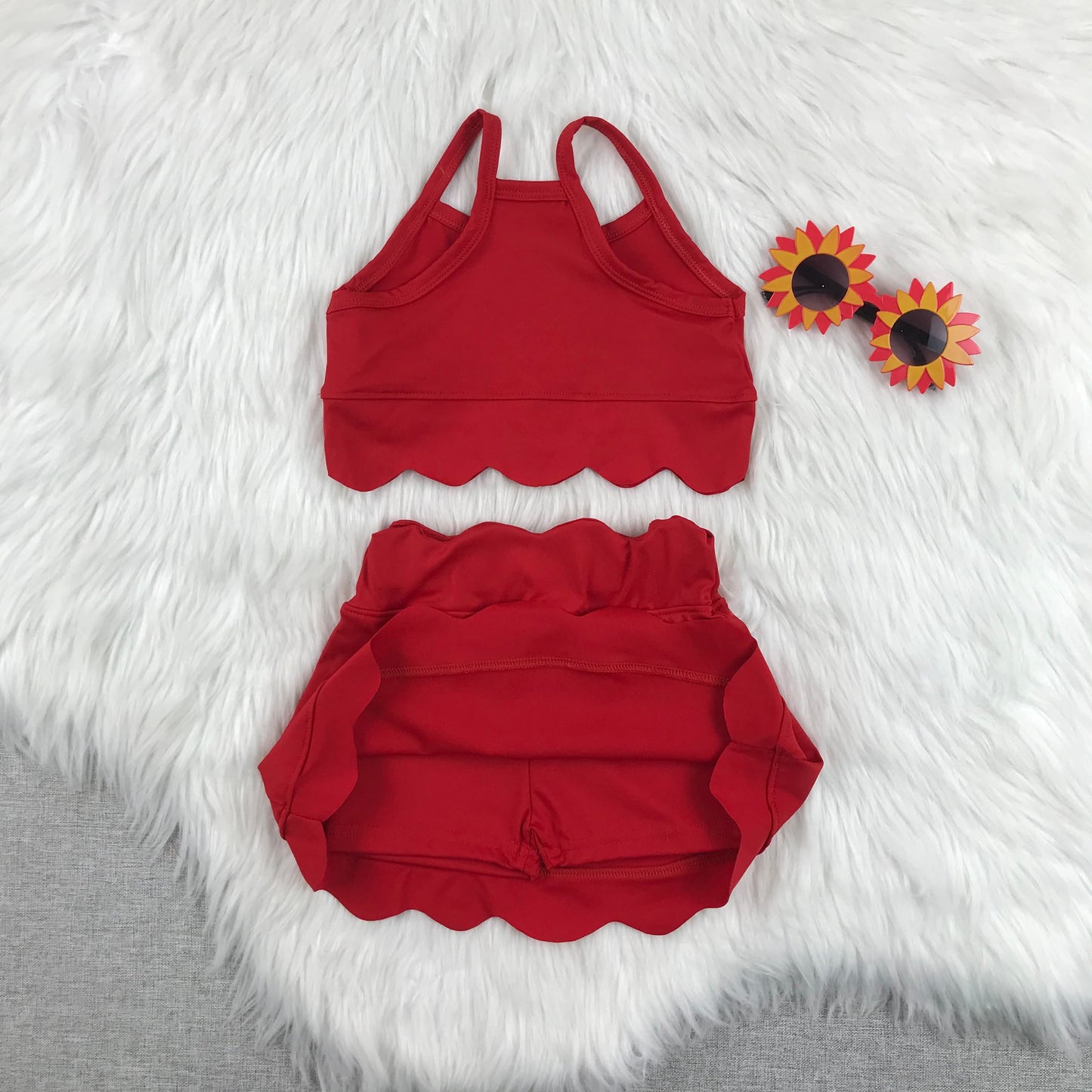 Red athletic set with shorts built in