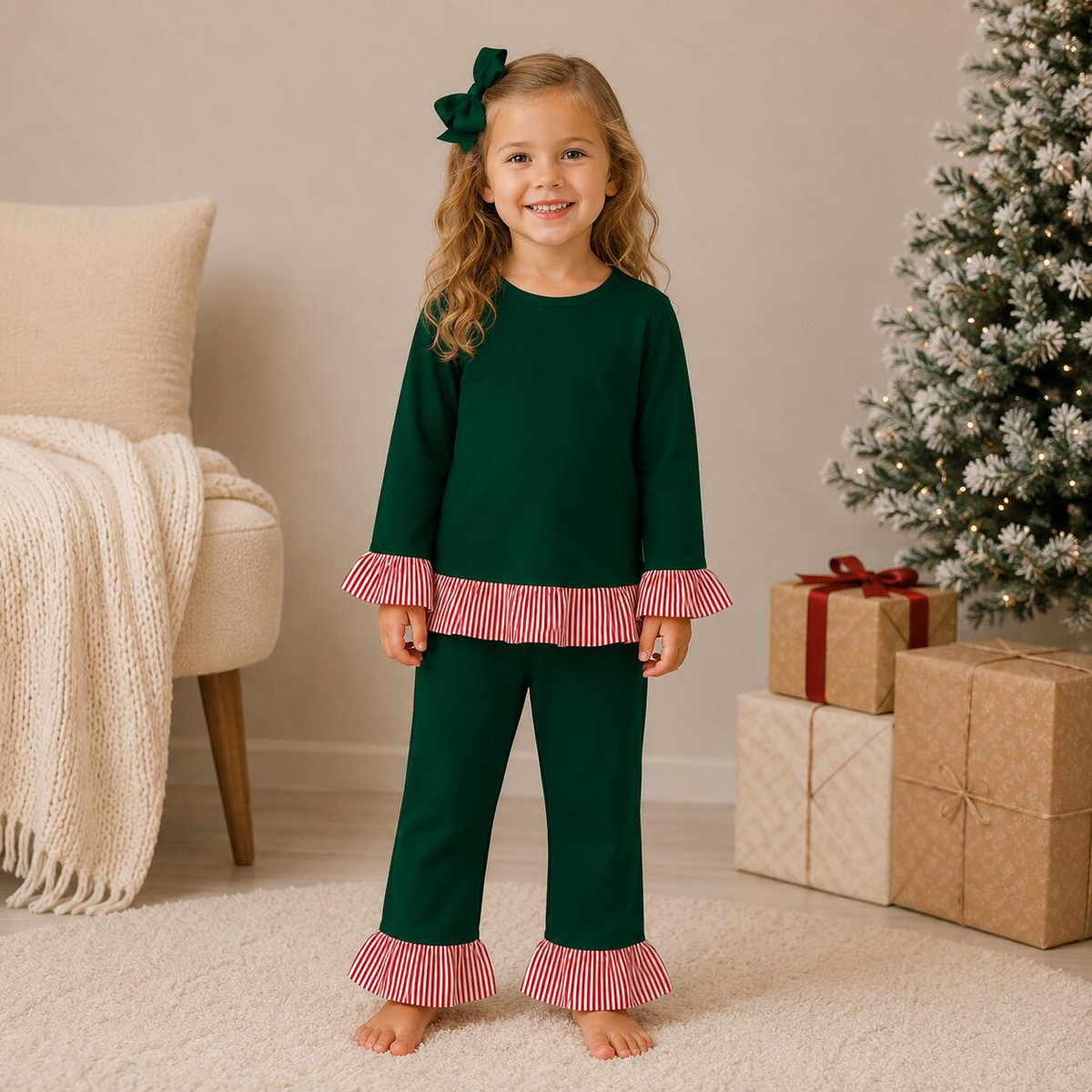 Girls ruffle pant set “Green”