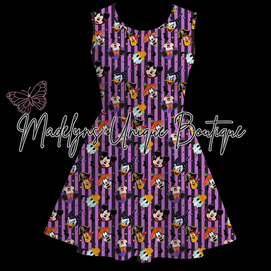 Women’s sleeveless twirl dress with pockets “Haunted on main”