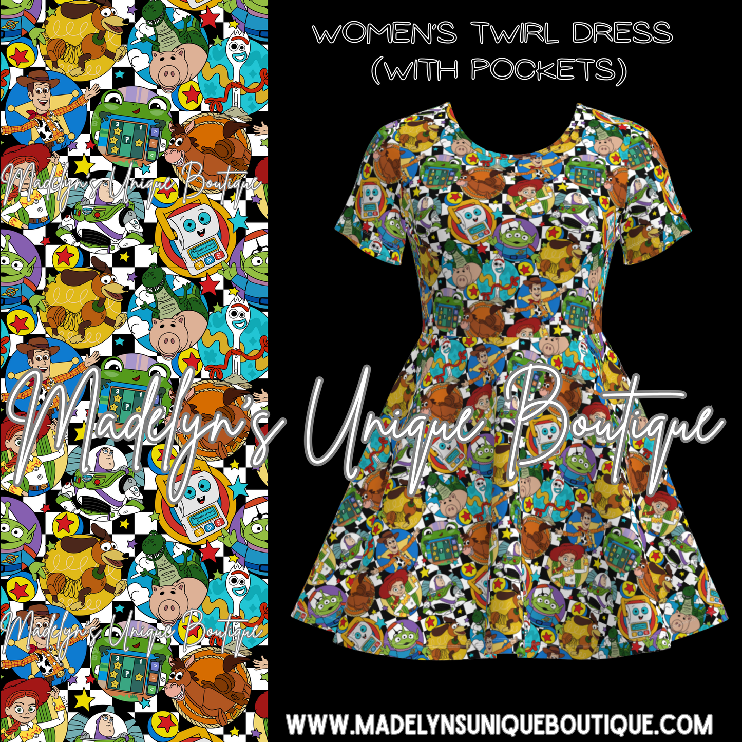 Women’s twirl dress with pockets “toybox takeover”