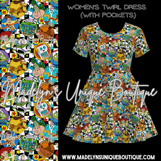 Women’s twirl dress with pockets “toybox takeover”