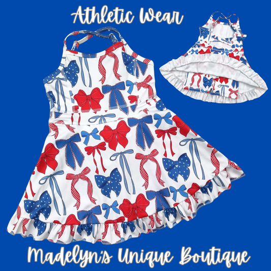 Bows red white and blue sports athletic dress with shorts built in
