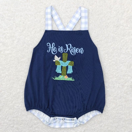 He is risen blue romper (embroidered)